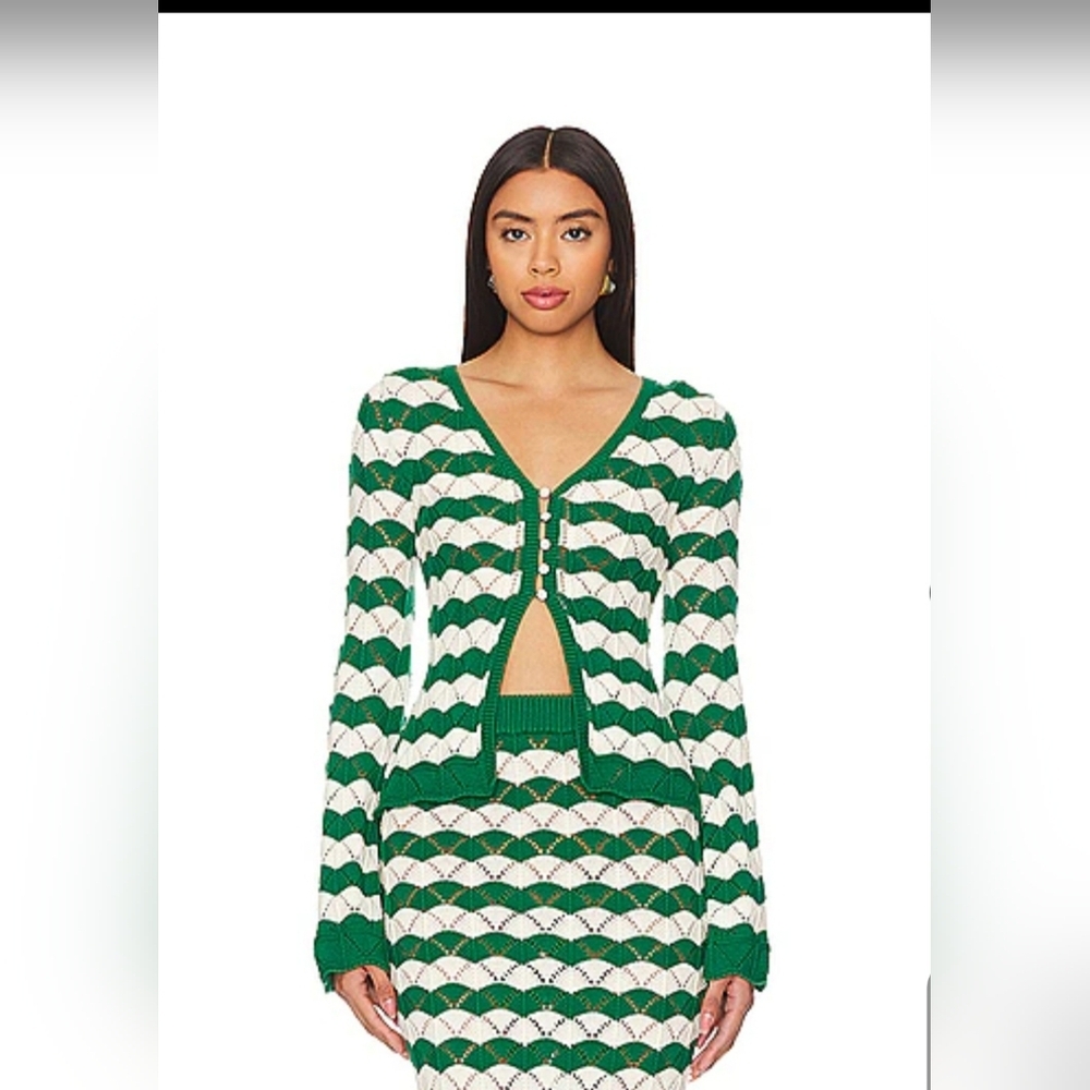 Misa Los Angeles Nelly Emerald & Cream Crochet Knit Open Cardigan